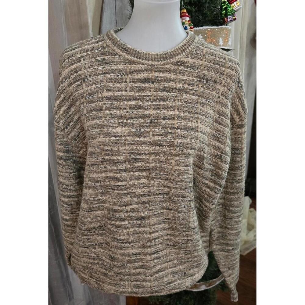 Croft Barrow Sweater Mens Size M Beige Brown Geometric Wave Pattern Cotton Blend
